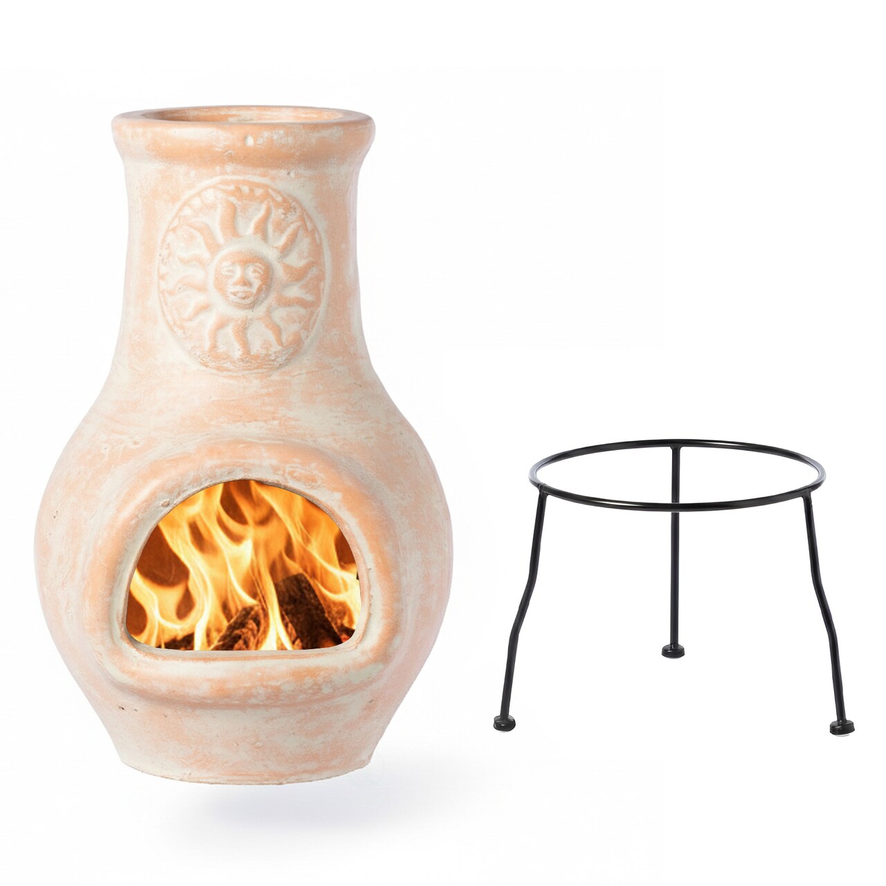 Beige Outdoor Clay Ciminea Outdoor Fireplace Sun Design Charcoal Burning Fire Pit with Sturdy Metal Stand, Barbecue, Cocktail Party, Family Gathering, Cozy Nights Fire Pit